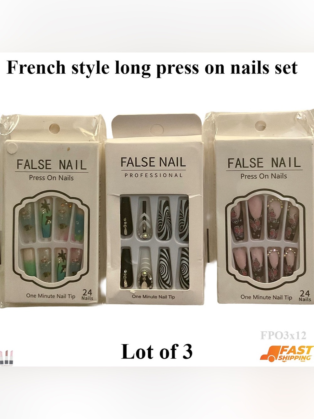 French style long press on nails set lot of 3